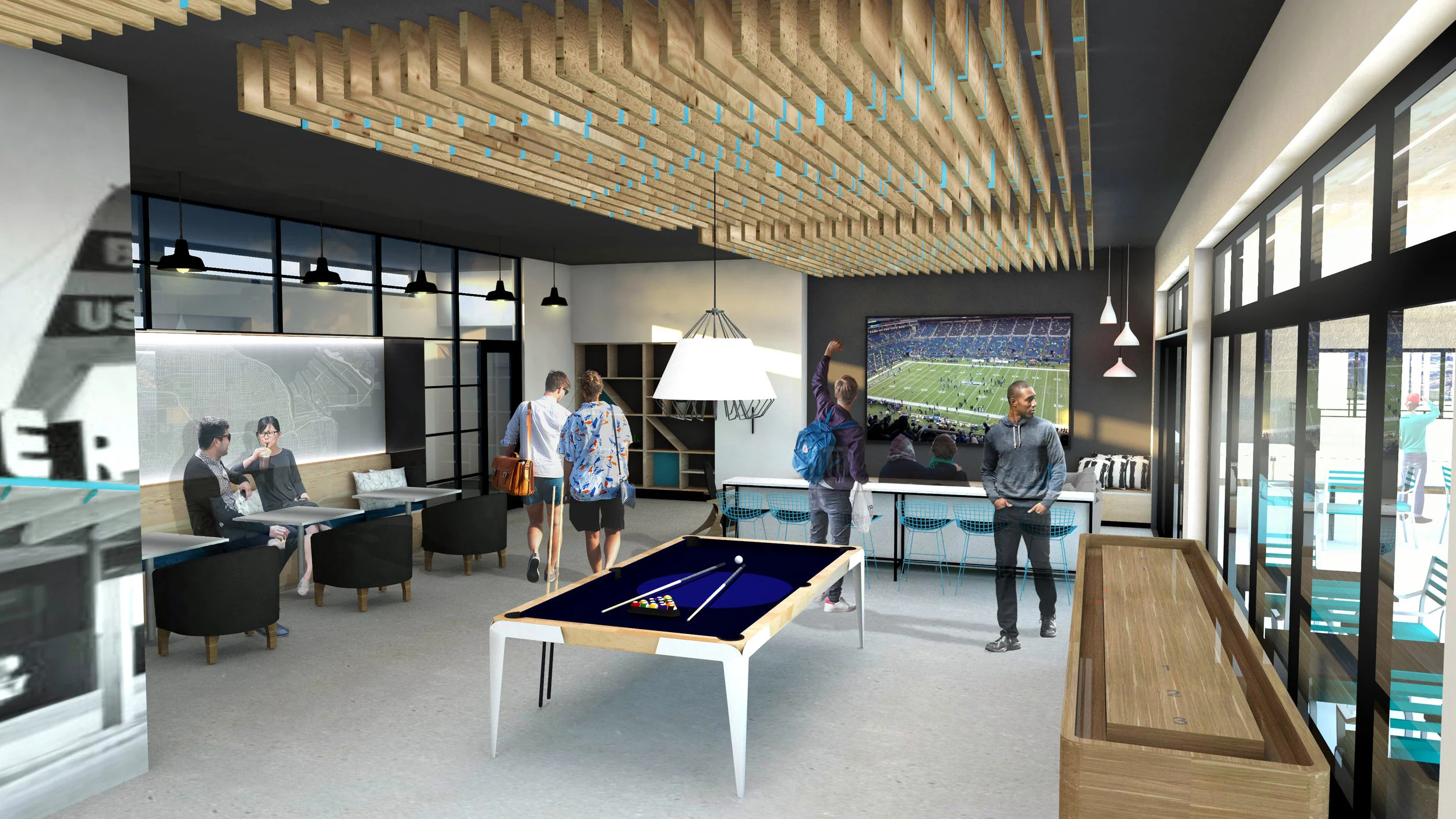 Work done for Ferguson Architecture - Resident Lounge (Design by me and others - reclaimed wood ceiling design by me - rendering by others)