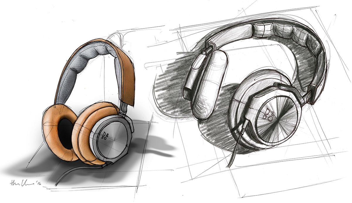 Bang&Olufson headphones sketch. The left pair were enhanced with materials in Photoshop. Both drawn by hand.