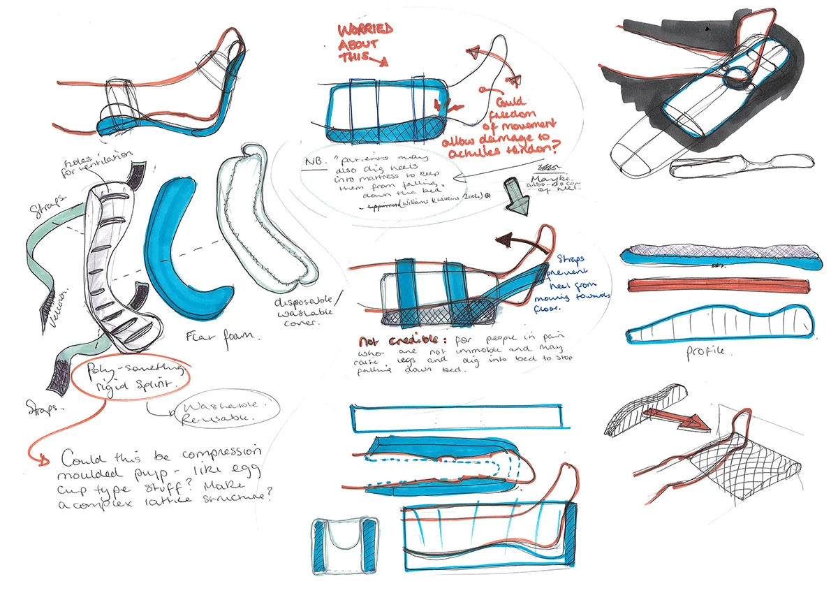 Pages from a project exploring how pressure sores could be prevented in hospital patients. Undertaken on placement.