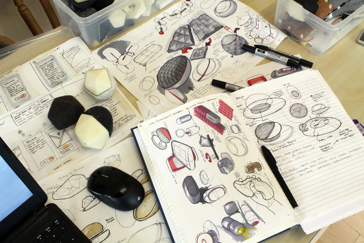 Snapshot of sketches and sketch models exploring form and tactual experience for my final University project.