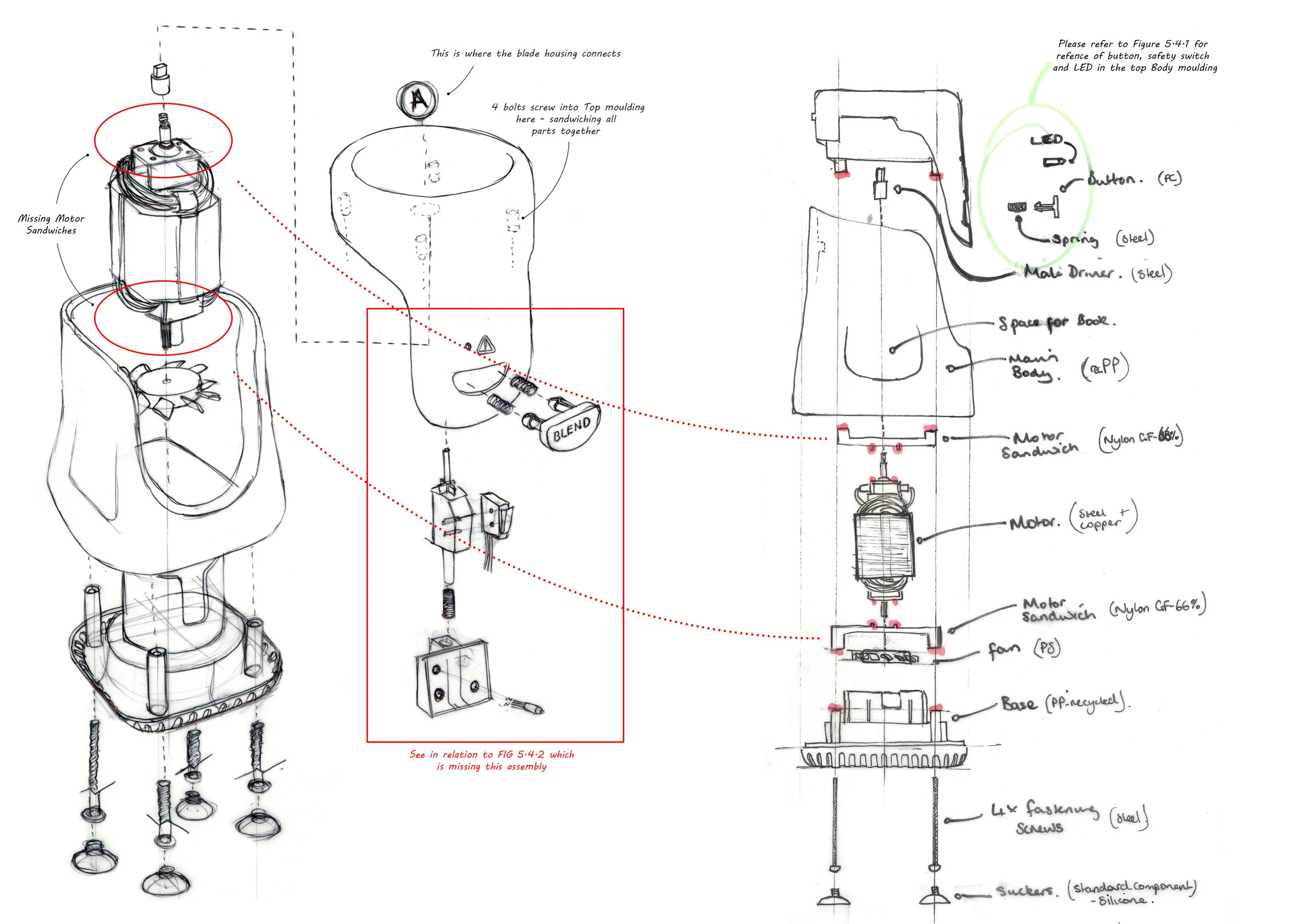 Exploded drawing showing redesigned insides of a food processor.