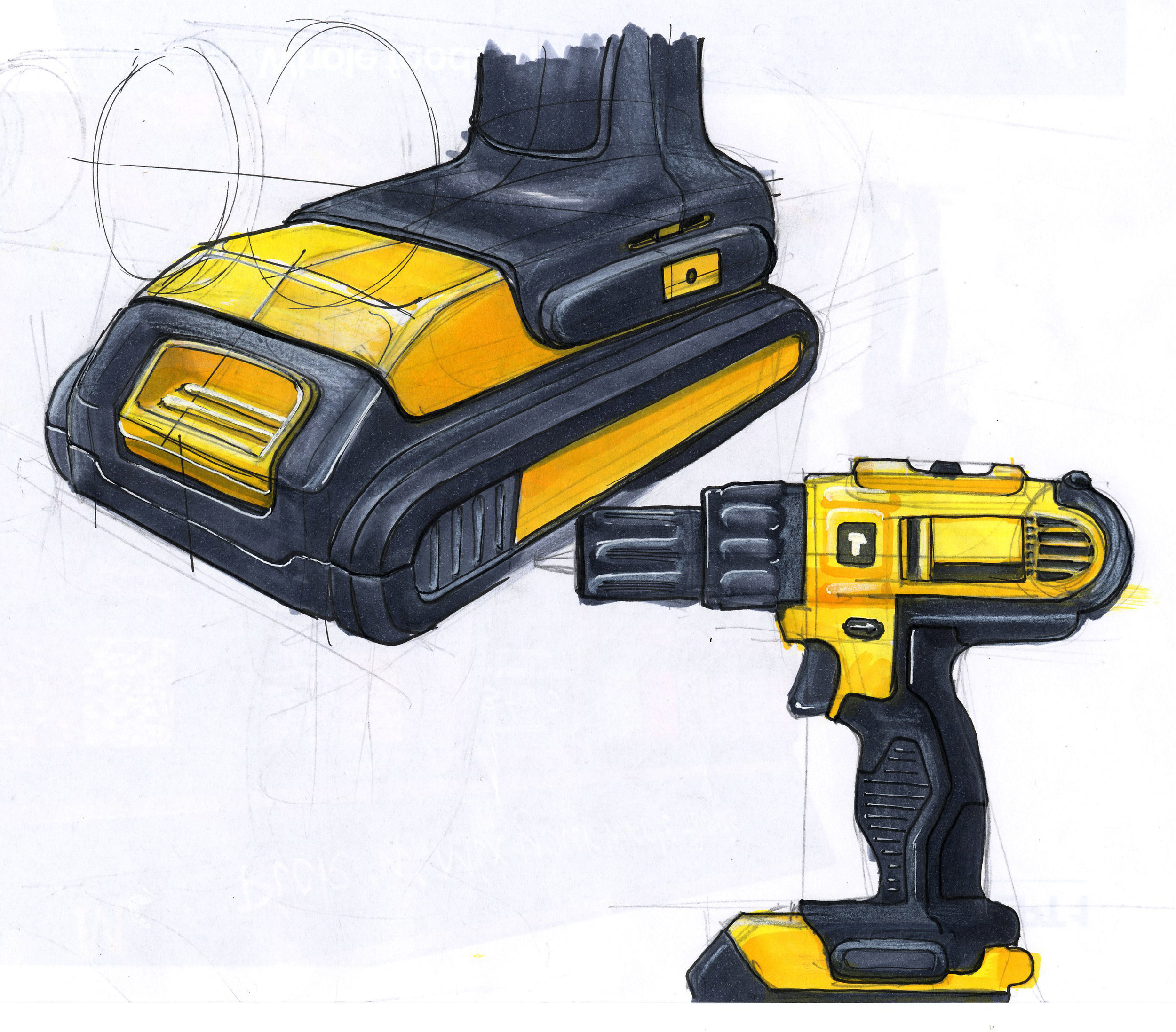 Sketch of a Dewalt 18 volt Cordless Drill. Marker, pen and pencil.