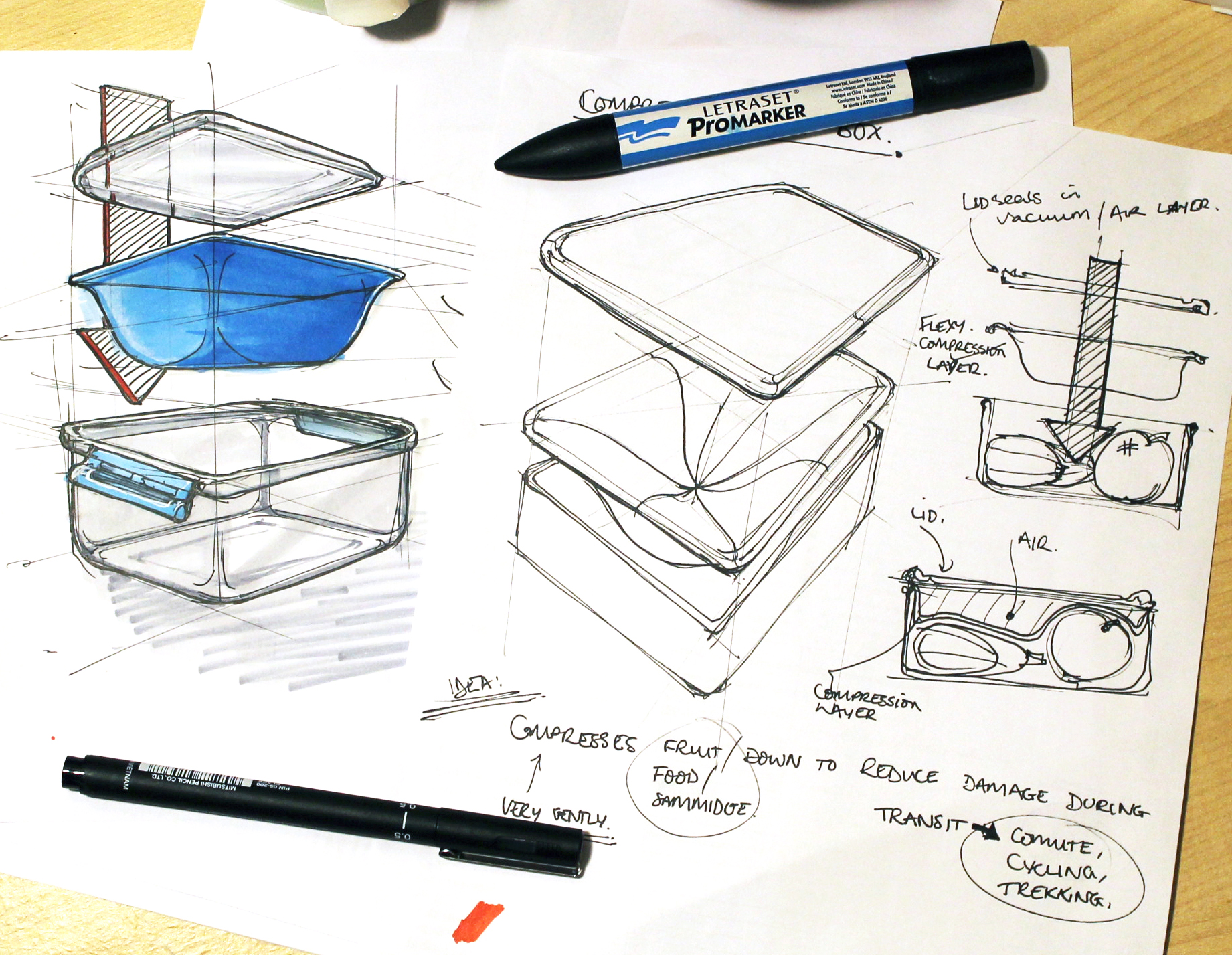 Thought about a lunch box that has an extra insert to secure the contents in place whilst in transit. Nobody likes bruised apples and deconstructed sandwiches. Marker, pen and pencil.