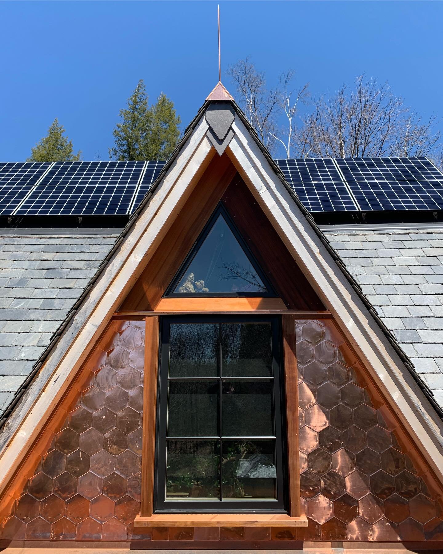 It&rsquo;s done!! Dormers are complete, siding, roofing, and trim! We are so thrilled!! #timberframe #timberframeconstruction #postandbeam #finehomebuilding #builttolast #redcedar #whitecedar #dragonscales #copper #coppervalley #vermontslate #vtslate