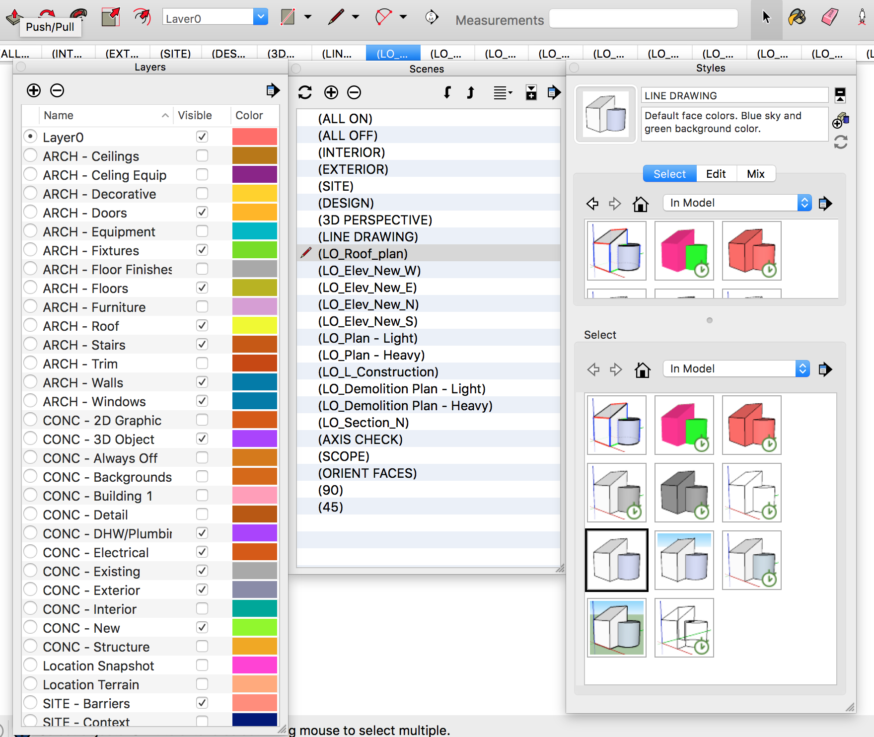The SketchUp Workflow for Architecture requires the creation of more than 30 layers, 23 custom scenes, and 11 custom styles. The good news is that once you've put in the considerable effort to create all this, you can use the template for every subsequent project.