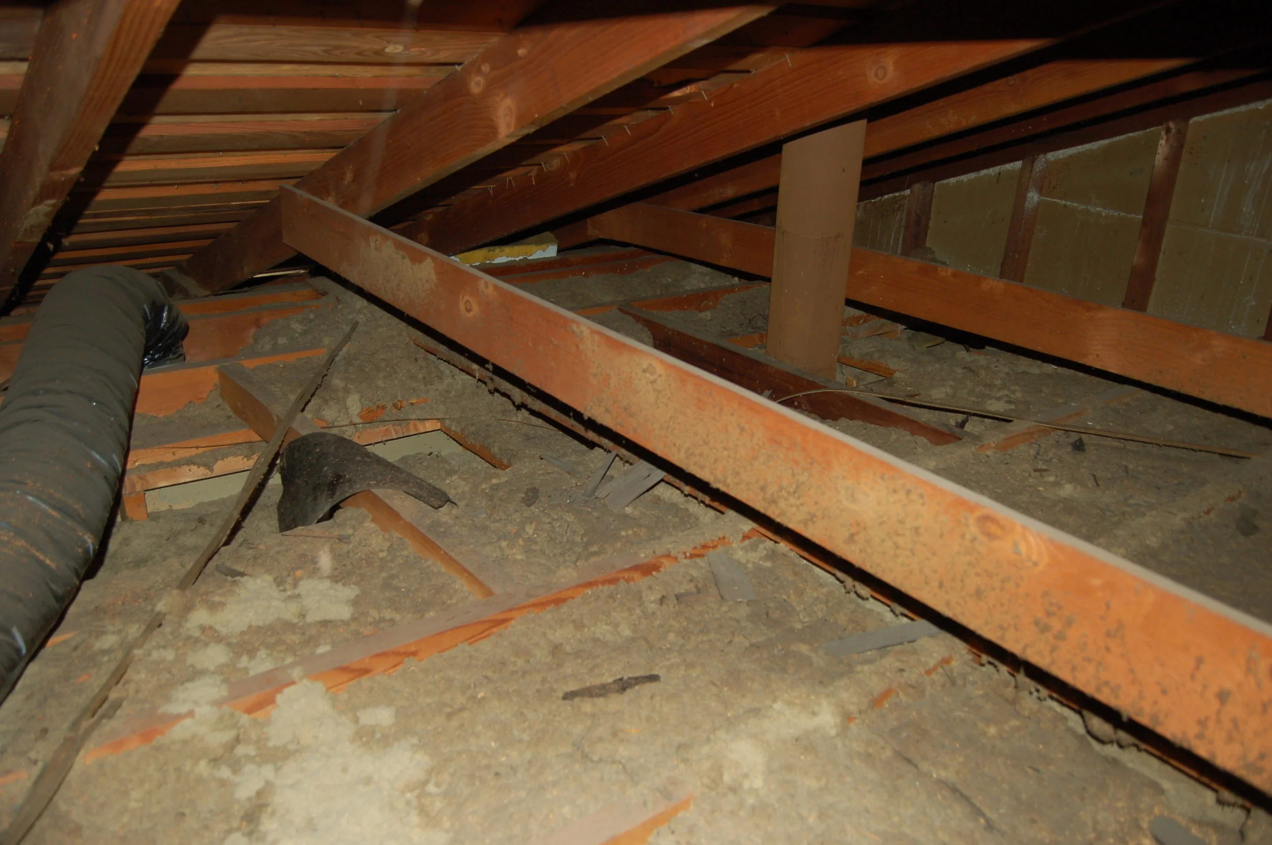 Attic existing condition: ceiling joist bays filled with 33-year-old cellulose insulation, as well as lots of other stuff.