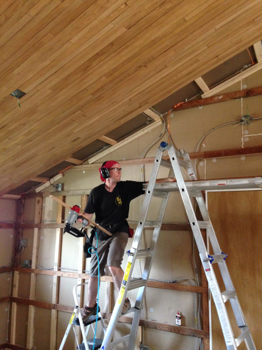 The sloped ceiling required that sometimes we get creative with the laddering.