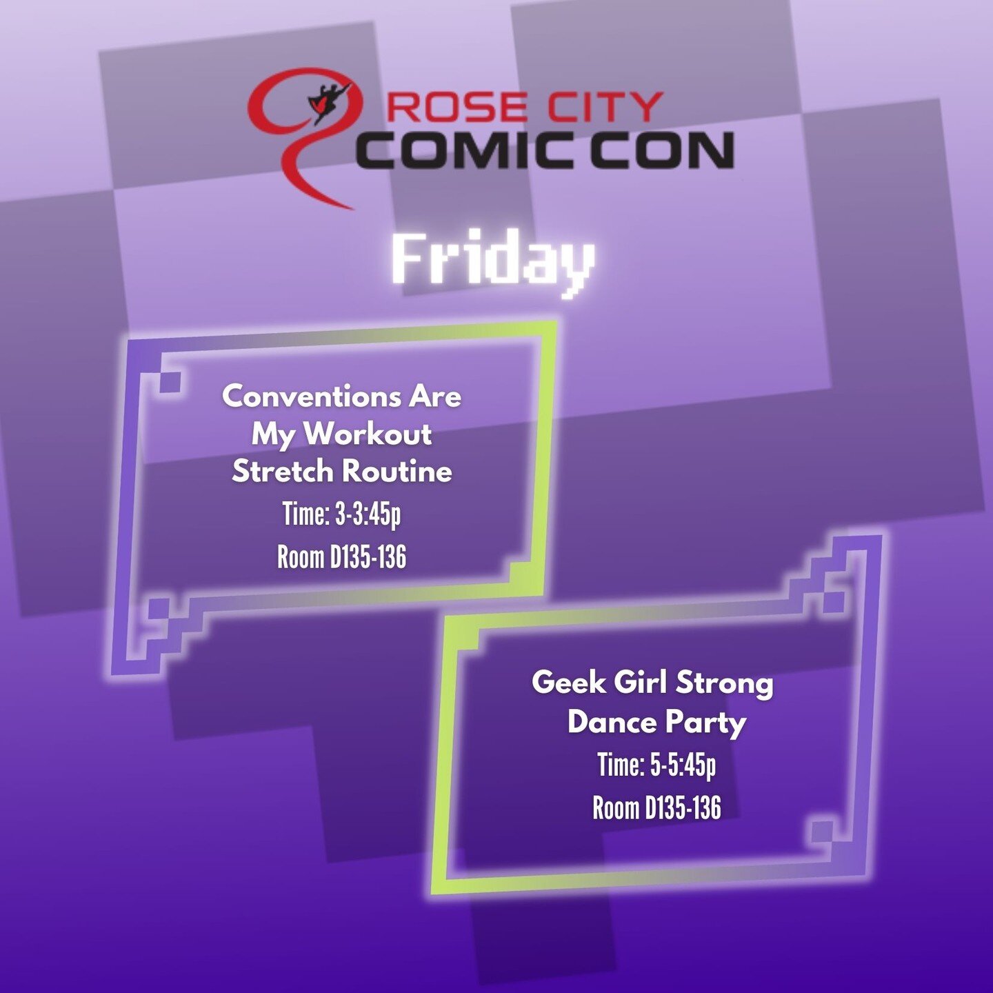 @RoseCityCC begins ONE WEEK FROM TODAY!

Join me at #RCCC on Sept. 9th for a workshop on how to stretch before, during, and after a con (we all know that convention weekends are a marathon of sorts), then join us our 1st convention #GGSDanceParty! 👯