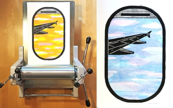 Two versions of the new airplane window view print. Printed on my Blick Econo Etch Model II Press.