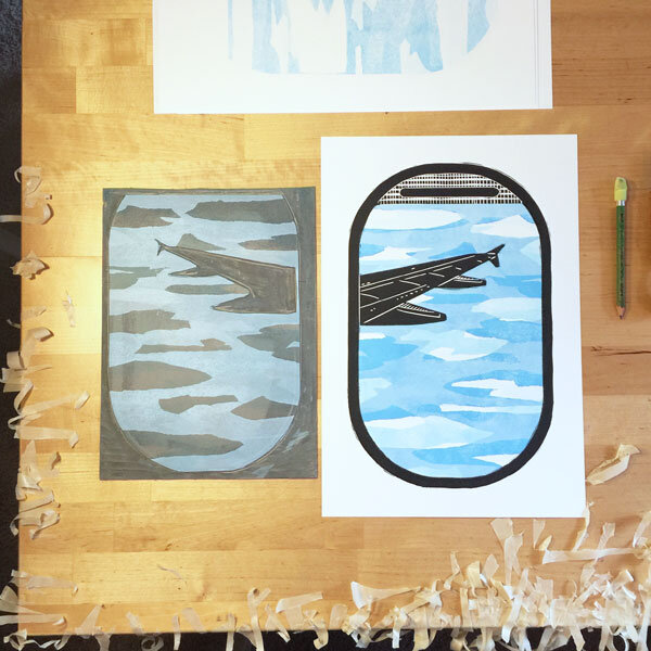 Linocut Window New Airplane Window View Art — Linocut Artist | Boarding All Rows