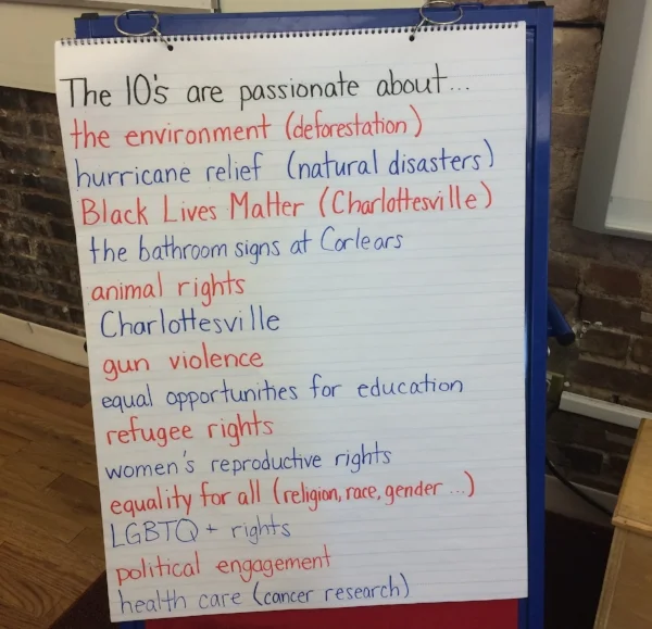 The 10s share issues they care about during their Social justice meeting.