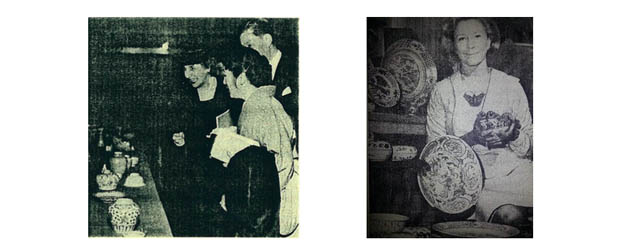 Above: Left: Mrs. John M. Allison (left), the society’s first president. Affectionately known as Toots (Tufts in Japan). Mrs. Allison collected porcelain. Right: Phyllis Bowen holding blue and whites unearthed in Makassar while describing her adventures for OAS members.