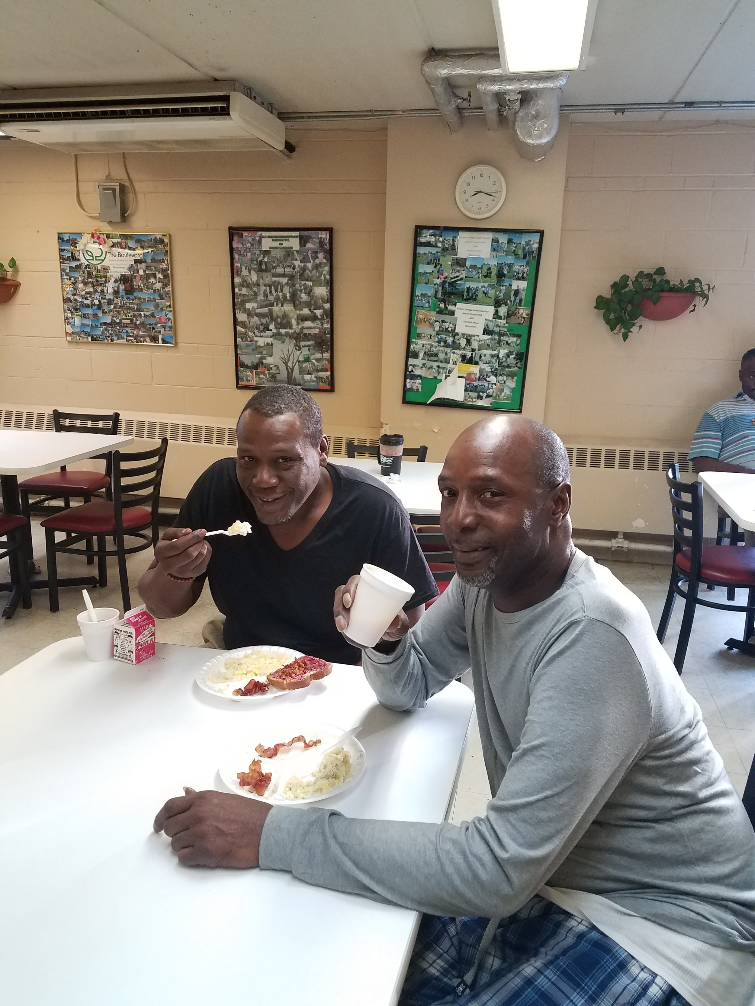 Morning at The Boulevard! Our residents experience a safe night's sleep in comfortable beds with fresh linen, which is often a real relief after weeks or months of homelessness. Meals are prepared by our wonderful staff and by helpful volunteers! At 9 AM, residents can choose to take part in Quiet Time (an hour of private reflection, journaling or simple relaxation), or to attend Morning Prayer in the library (an ecumenical, supportive gathering led by volunteers). Either way, mornings are off to a positive start at The Boulevard.