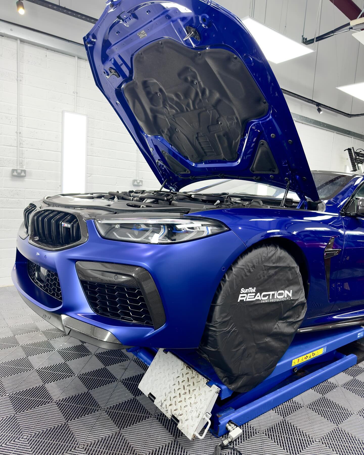 BMW M8 Competition undergoing a stealth conversion. The glossy marina bay blue paintwork being converted to a matte finish by installing Suntek matte PPF over the gloss paintwork. Templates edited and enhanced to ensure we achieve the maximum amount 