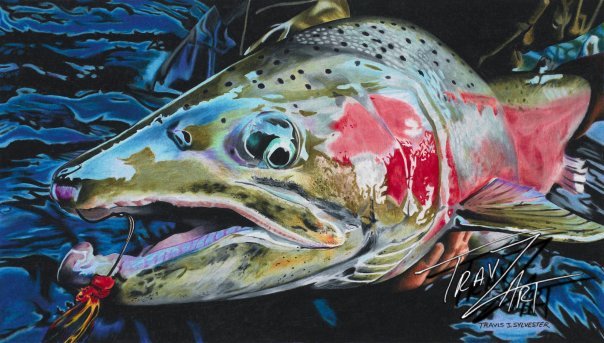 "Goliath" is drawn from a Bryan Huskey #keepemwet image of a wild N Umpqua winter run steelhead caught by angler Adam Haarberg and carefully lifted just above the water's surface for the few seconds required for a photo.