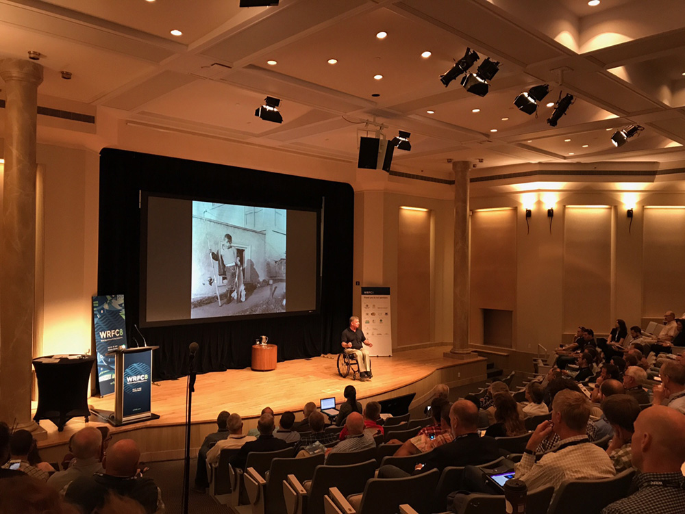Rick Hansen (Man In Motion) gives an inspirational opening address at the 8th World Recreational Fishing Conference about the impacts of fishing on his life. Andy Danylchuk photo.