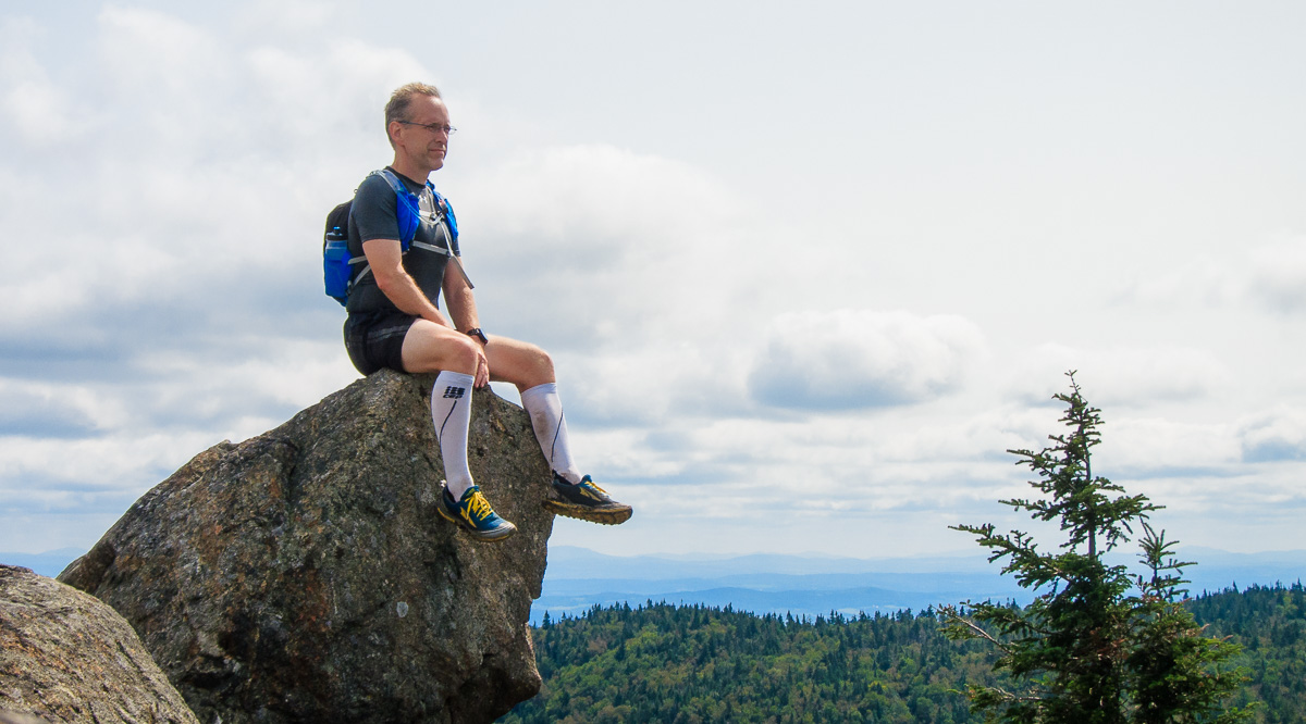 Taking a break while trail running in Mont Orford National Park, QC, Canada