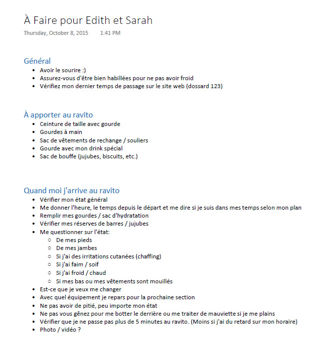 Feuille qu'Eric avait préparée pour Sarah et moi