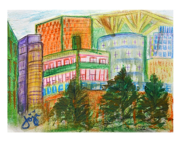 Joji Finney, "Three Trees" (watercolor and pastel on paper)
