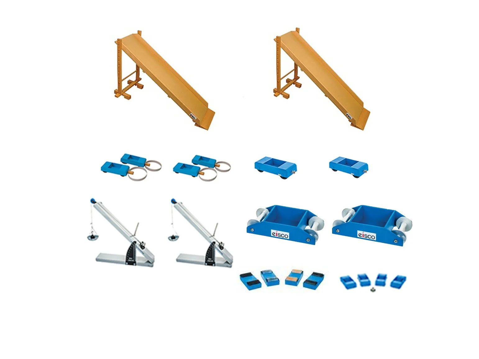 Dynamics set comprises of 2 Single Hall's Cars 2 sets of Rolling Friction Cars 2 pairs of Hall's car experiments 2 Dynamic tracks with stand and ramp 2 steel inclined planes and 2 Hall's Carriages