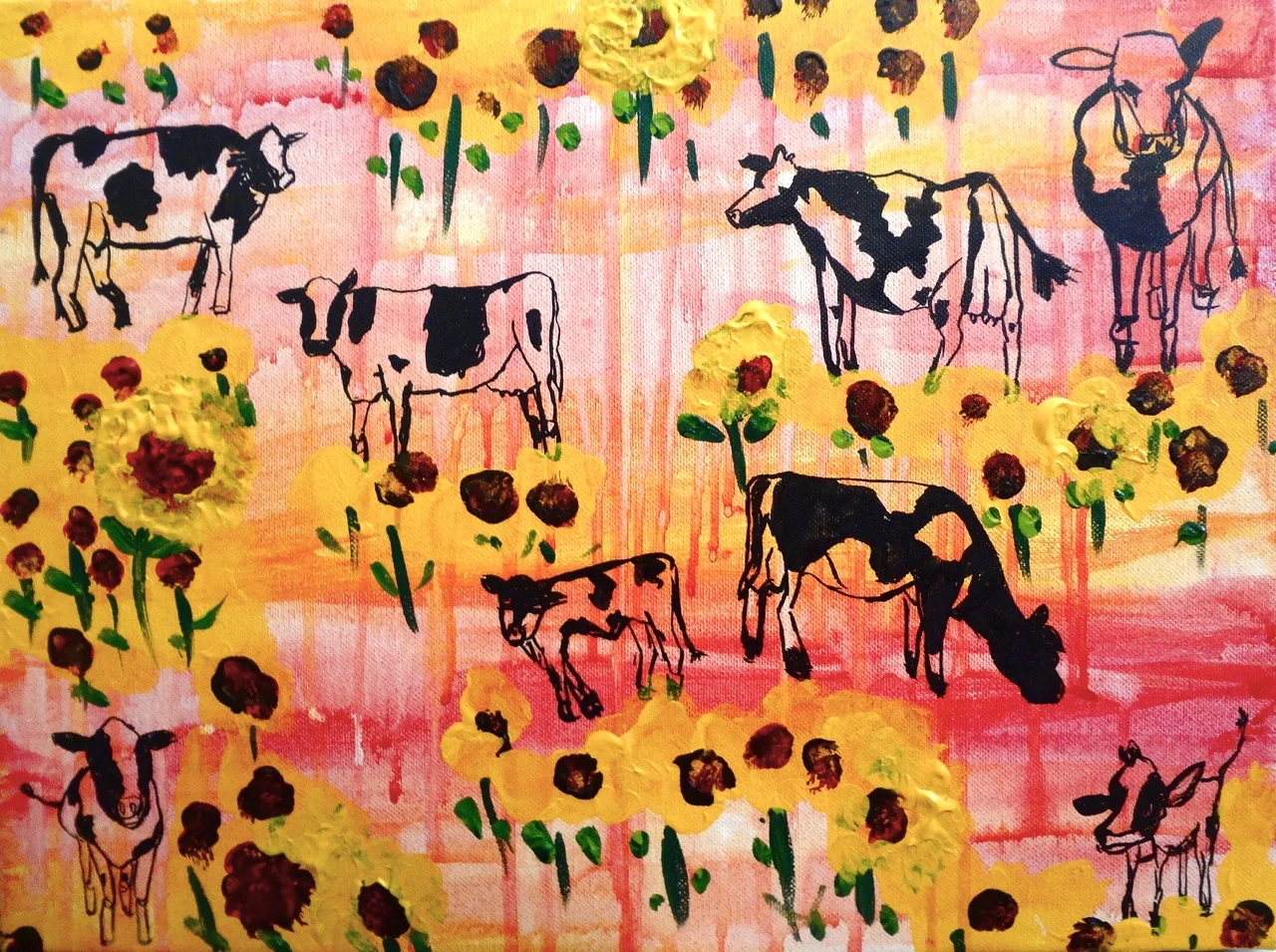 Cows and Sunflowers in Israel/ Mixed Media on Canvas/ 12x20"/July 2012 (SOLD)