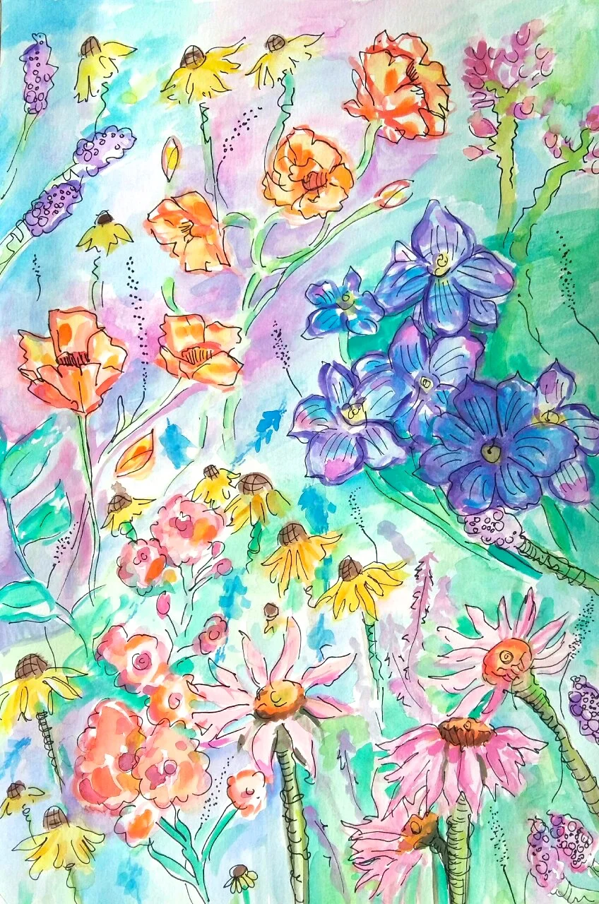 Wildflowers in a Dream/ Watercolor and Pen on Watercolor Paper/12x18