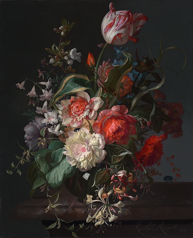 'Flowers in a Glass Vase with a Tulip' 1716 by Rachel Ruysch. She's one of a handful of women represented in the entire National Gallery collection. This painting, hanging in a small room of Dutch still life paintings, arrested me. If you look closely (beyond that sumptuous honeysuckle, which is hard to do, I admit) you can see the window of her studio reflected in the vase. That little window of truth invited me in to snap a close-up of her painting three hundred years later. Reflect.