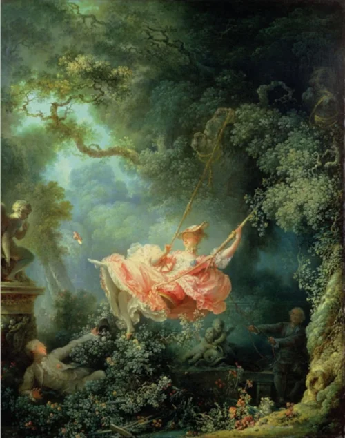 Fragonard's The Swing ( at The Wallace Collection) painted before the French Revolution in 1767, a defining image of the frivolity of the Rococo. Think flirtation, fecundity, roses, mist, eroticism. The tree limbs crossing the canvas represent 'the blast and the bough', which according to art historians is a signifier of passion. Notice the woman's shoe, her garter, how the putto is holding his finger to his lips to protect the lovers' secret.