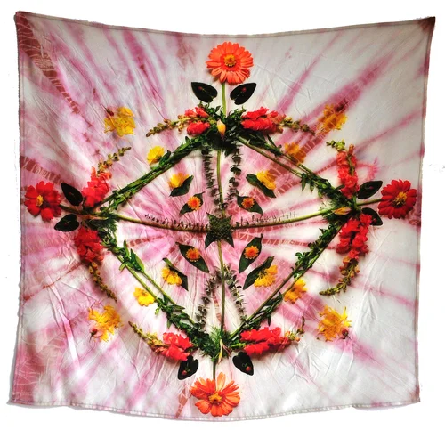 $225.00 Hibiscus flower dyed 100% crepe de chine silk. 28" x 28" - Ready-to-hang loops on back.