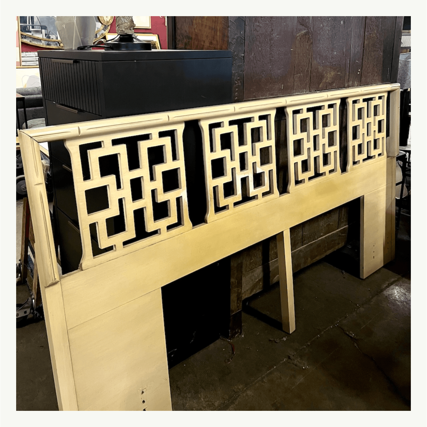 Vintage Kent Coffey king headboard with Chinoiserie fretwork in cream lacquered wood at Poor Honey's Oakland — perfect for lacquering in new color