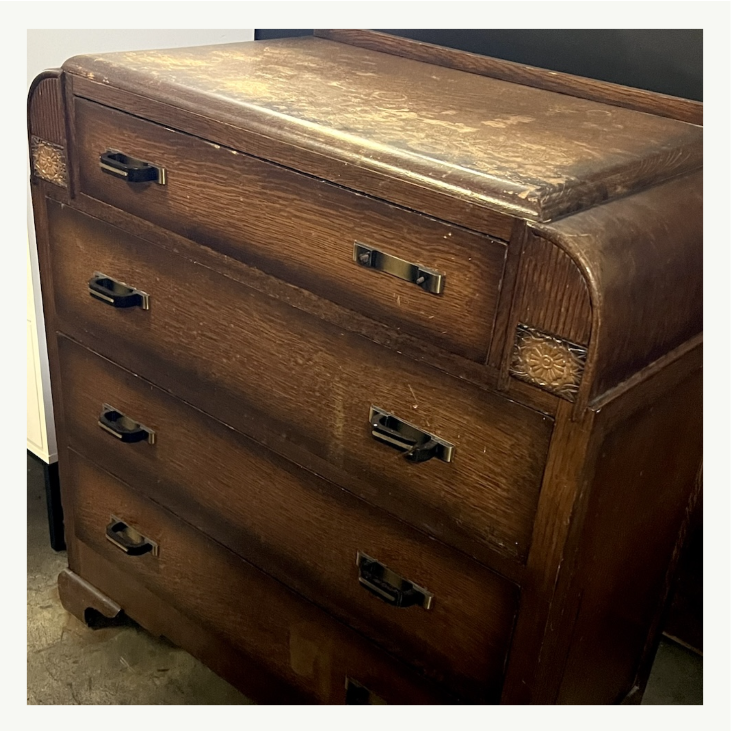 Art Deco chest of drawers in dark oak with original brass hardware at Poor Honey's Oakland — ready for furniture refinishing or restoration in the Bay Area