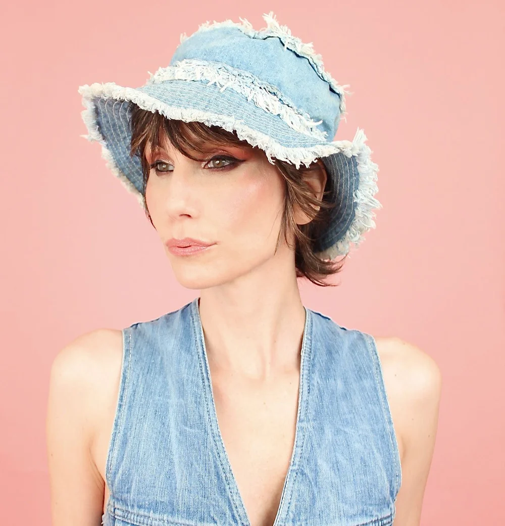 Vintage Frayed Denim Bucket Hat Blue Vintage Denim Frayed Brim Bucket Hat With Hand Embroidery  main image 2