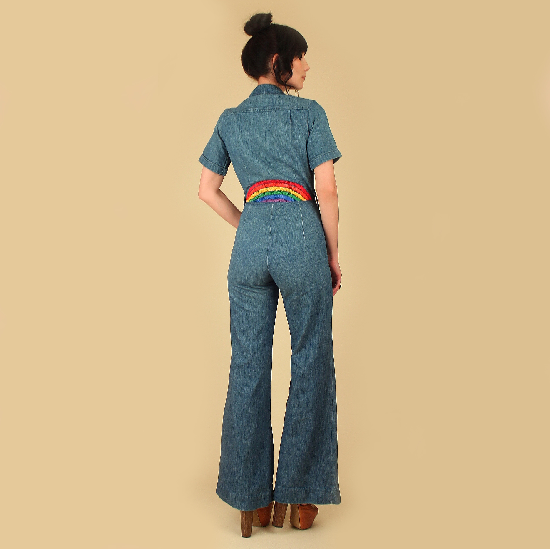 Vintage 70's Denim Jumpsuit // Embroidered Rainbow Detail // Bell ...