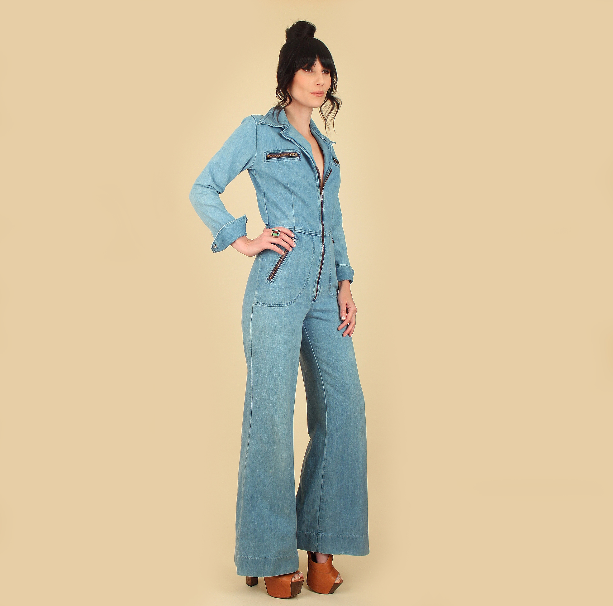 Vintage 70's Bell Bottom Jumpsuit // Perfect Fade + Deep V Zipper Front ...