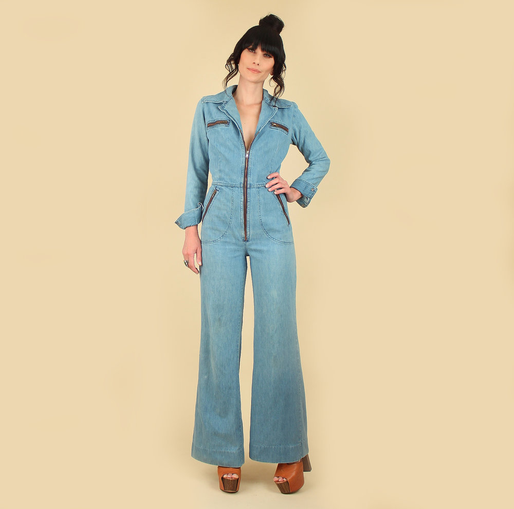 Vintage 70's Bell Bottom Jumpsuit // Perfect Fade + Deep V Zipper Front —  Hellhound Vintage