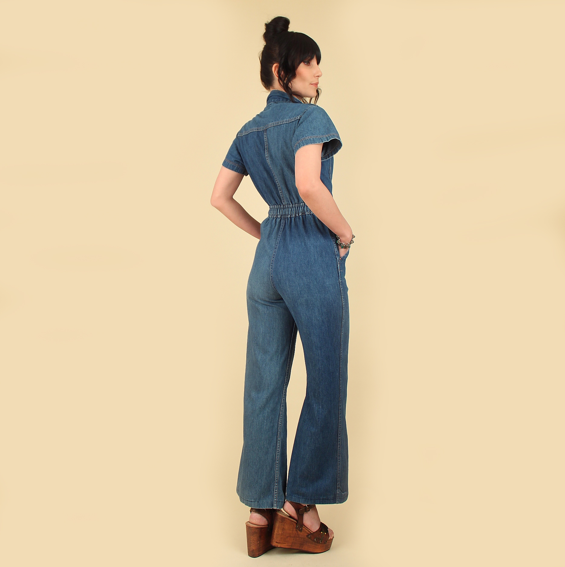 blue jean bell bottom jumpsuit