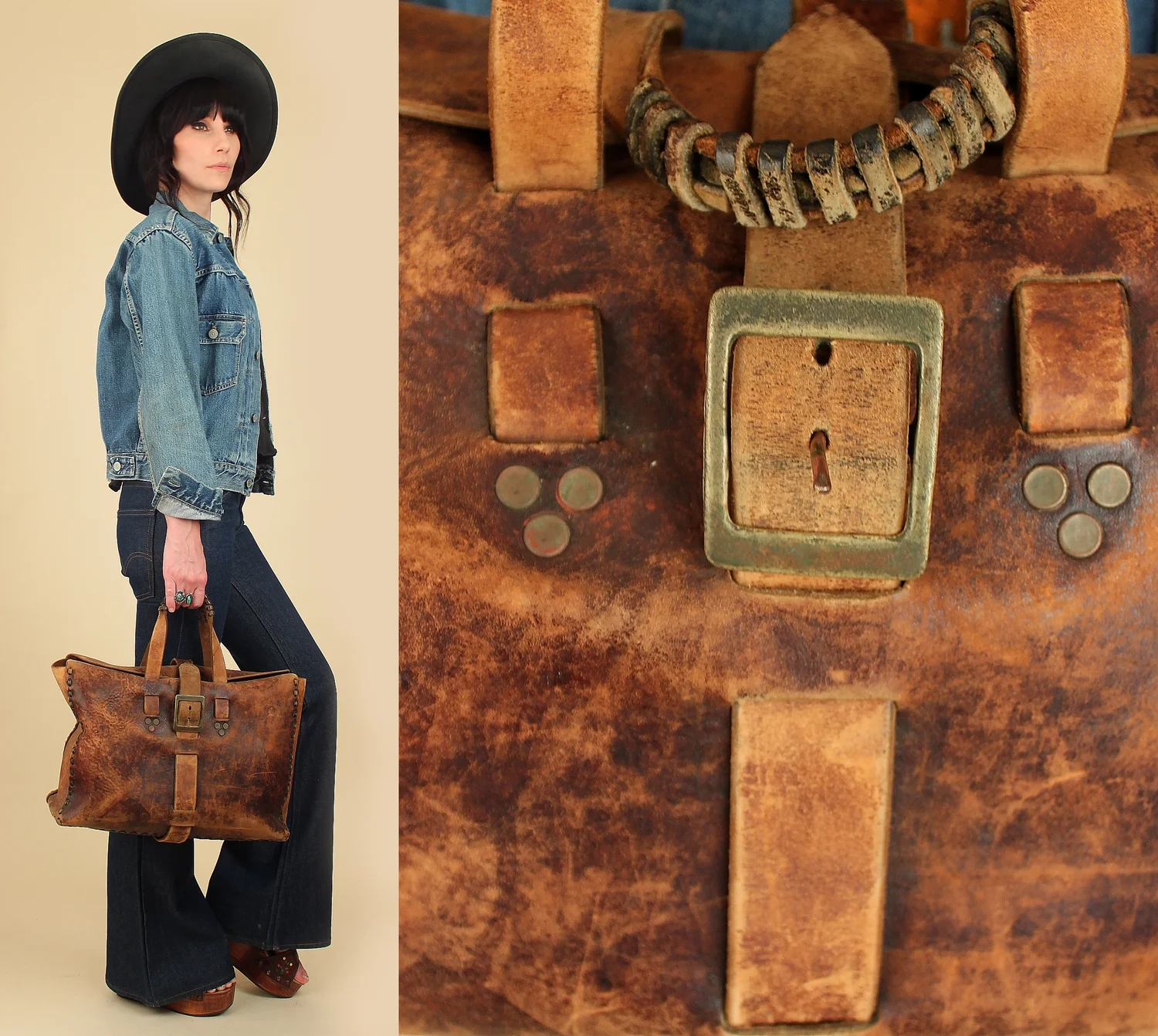1930s/40's Vintage Leather Weekender Bag // Amazing Vintage Patina   Hellhound Vintage