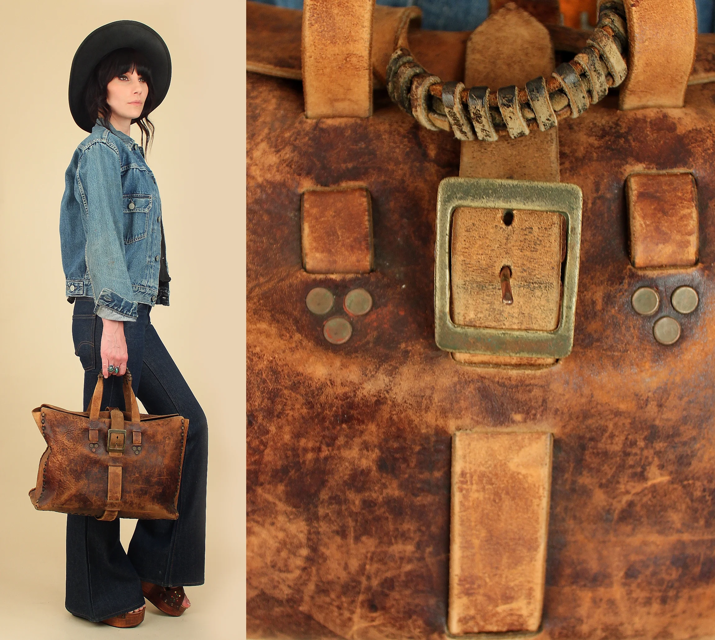vintage leather travel bag 1930's 30s weekender vintage levis 2nd second edition jean jacket denim bell bottom jeans deadstock vintage clothing hellhound vintage hellhoundvintage