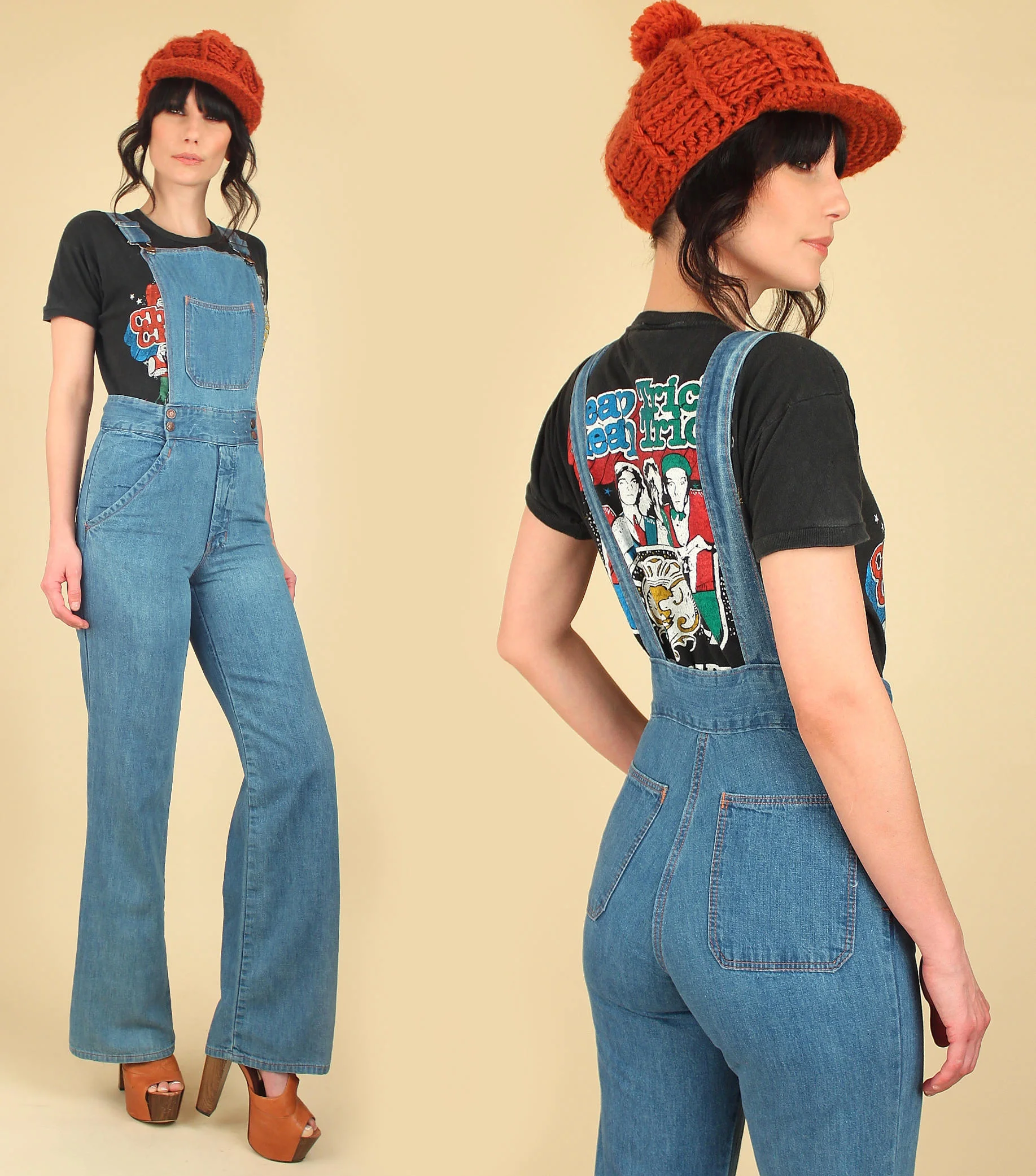 vintage 70s denim jumpsuit hellhound vintage hellhoundvintage jeans bib overalls vintage clothing fashion style 1970s bell bottoms cheap trick vintage tshirt street style