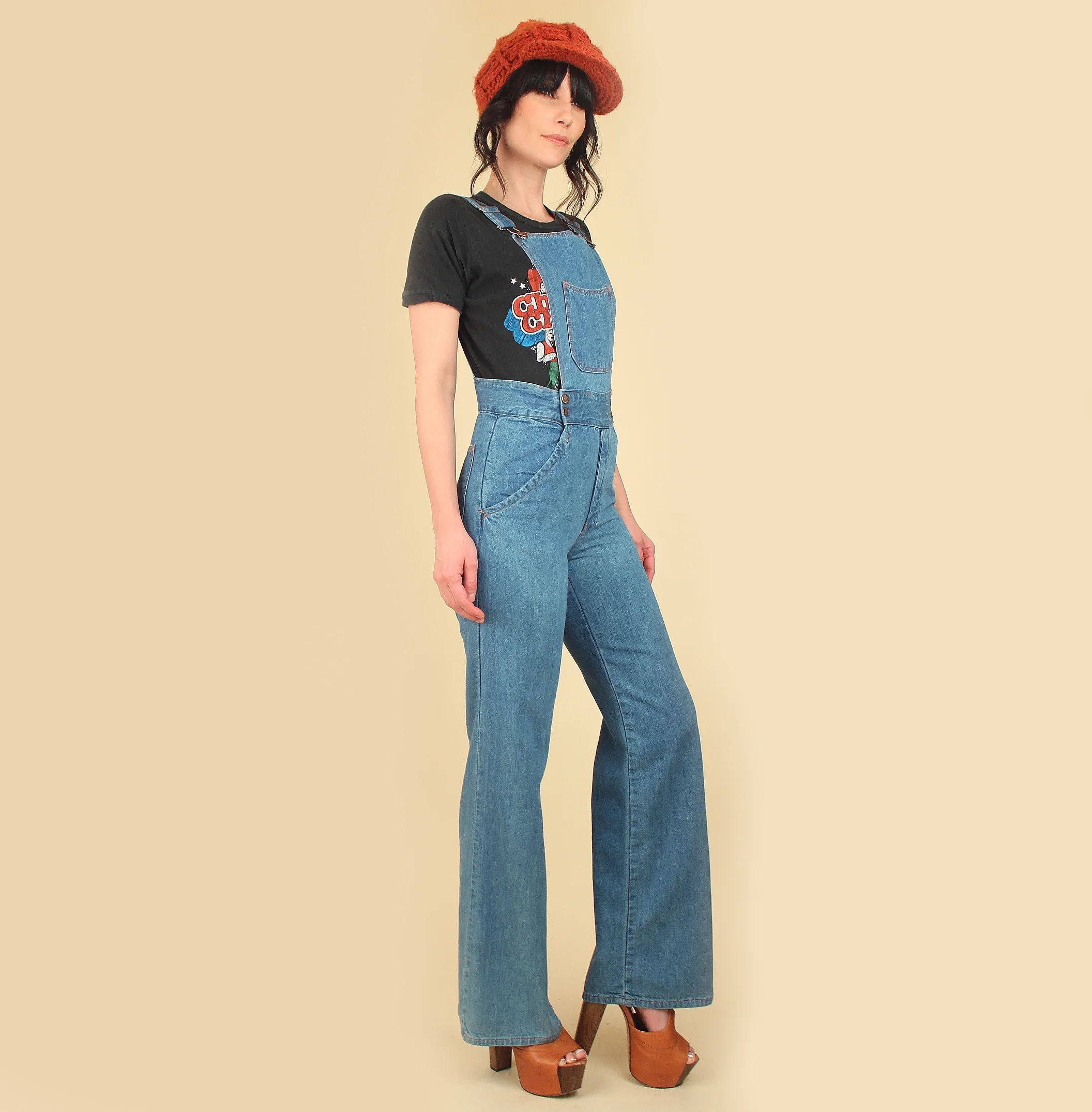 high waisted bell bottom overalls