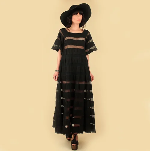 Stunning Tachi Castillo 1970's Mexican Dress // Black Pin Tucked Cotton   Hellhound Vintage