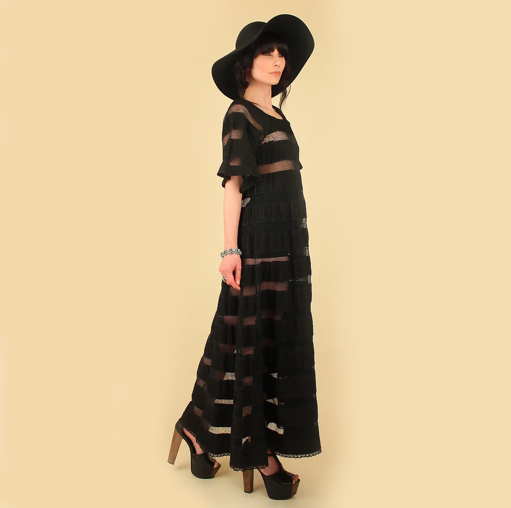 Stunning Tachi Castillo 1970's Mexican Dress // Black Pin Tucked Cotton   Hellhound Vintage