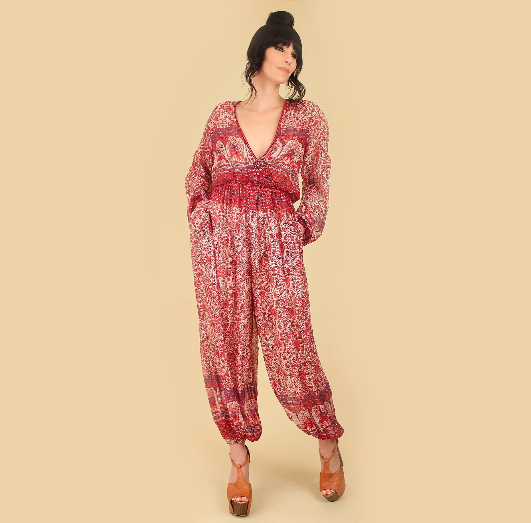 vintage 70s indian gauze cotton jumpsuit playsuit romper dresses dress bohemian maxi 1970s hippie hippy boho fashion womens clothing clothes hellhoundvintage hellhound vintage true authentic