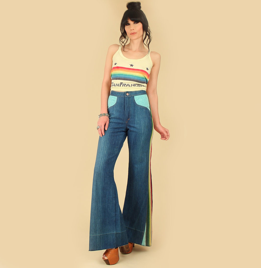 RARE Vintage 70s RAINBOW Striped Bell Bottoms Jeans // Serape
