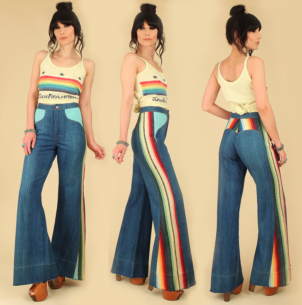 RARE Vintage 70s RAINBOW Striped Bell Bottoms Jeans // Serape