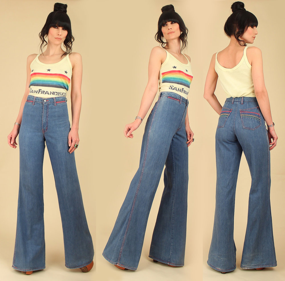 Vintage 70's Rainbow Bell Bottoms // High Waisted Jeans — Hellhound Vintage