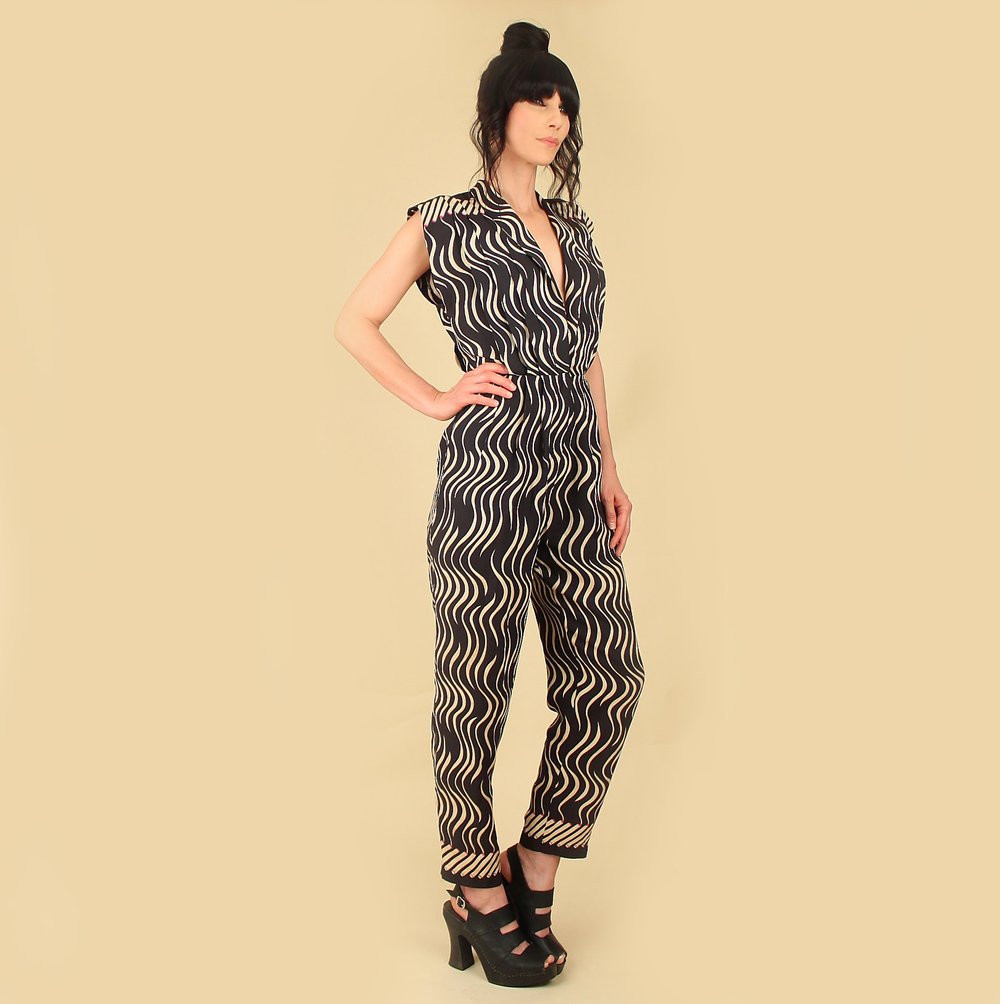 cigarette jumpsuit SURREALIST Cigarette Print Late 70s Vintage Jumpsuit — Hellhound Vintage