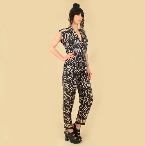 cigarette leg jumpsuit SURREALIST Cigarette Print Late 70s Vintage Jumpsuit — Hellhound Vintage