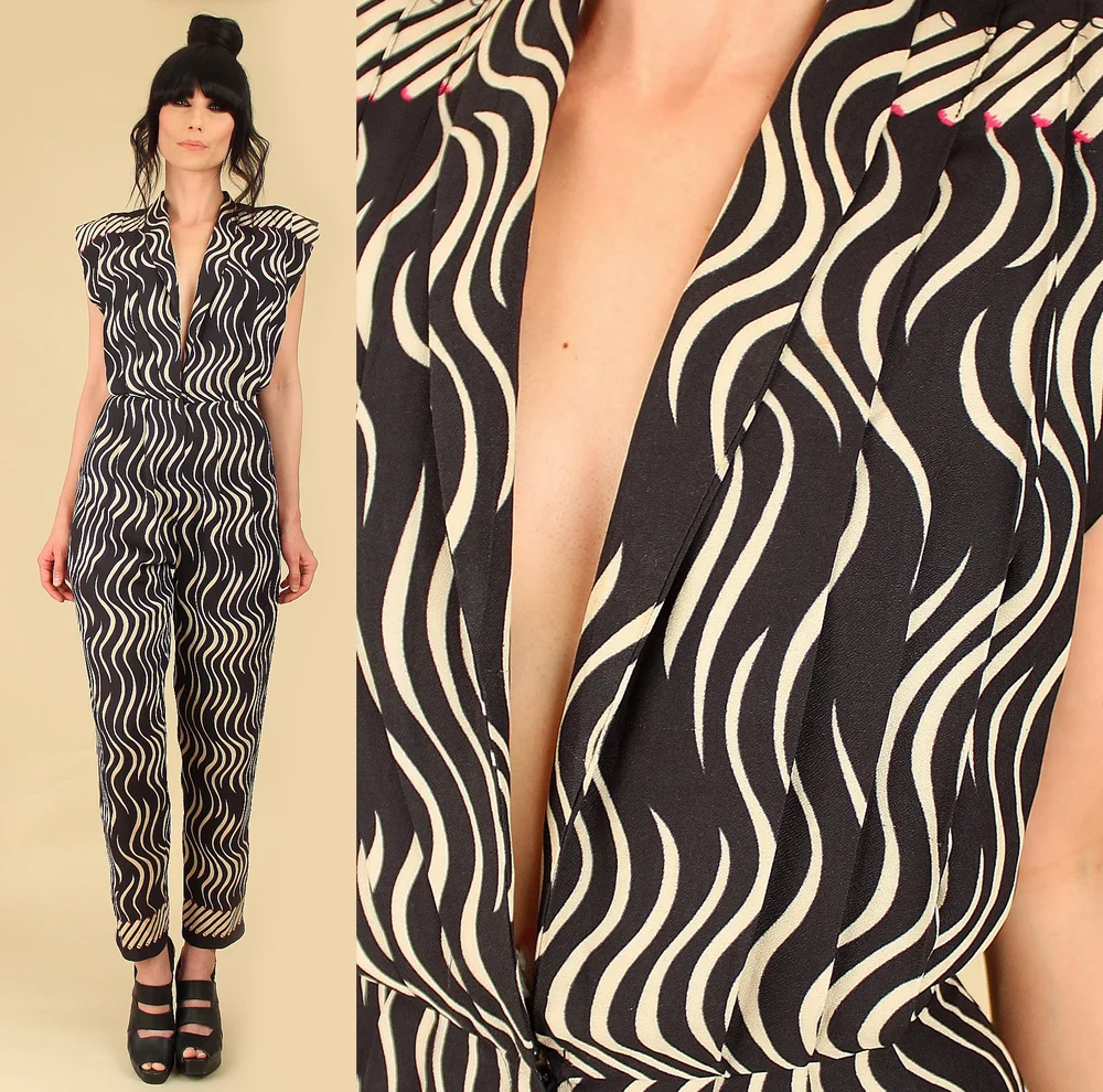 cigarette jumpsuit SURREALIST Cigarette Print Late 70s Vintage Jumpsuit — Hellhound Vintage