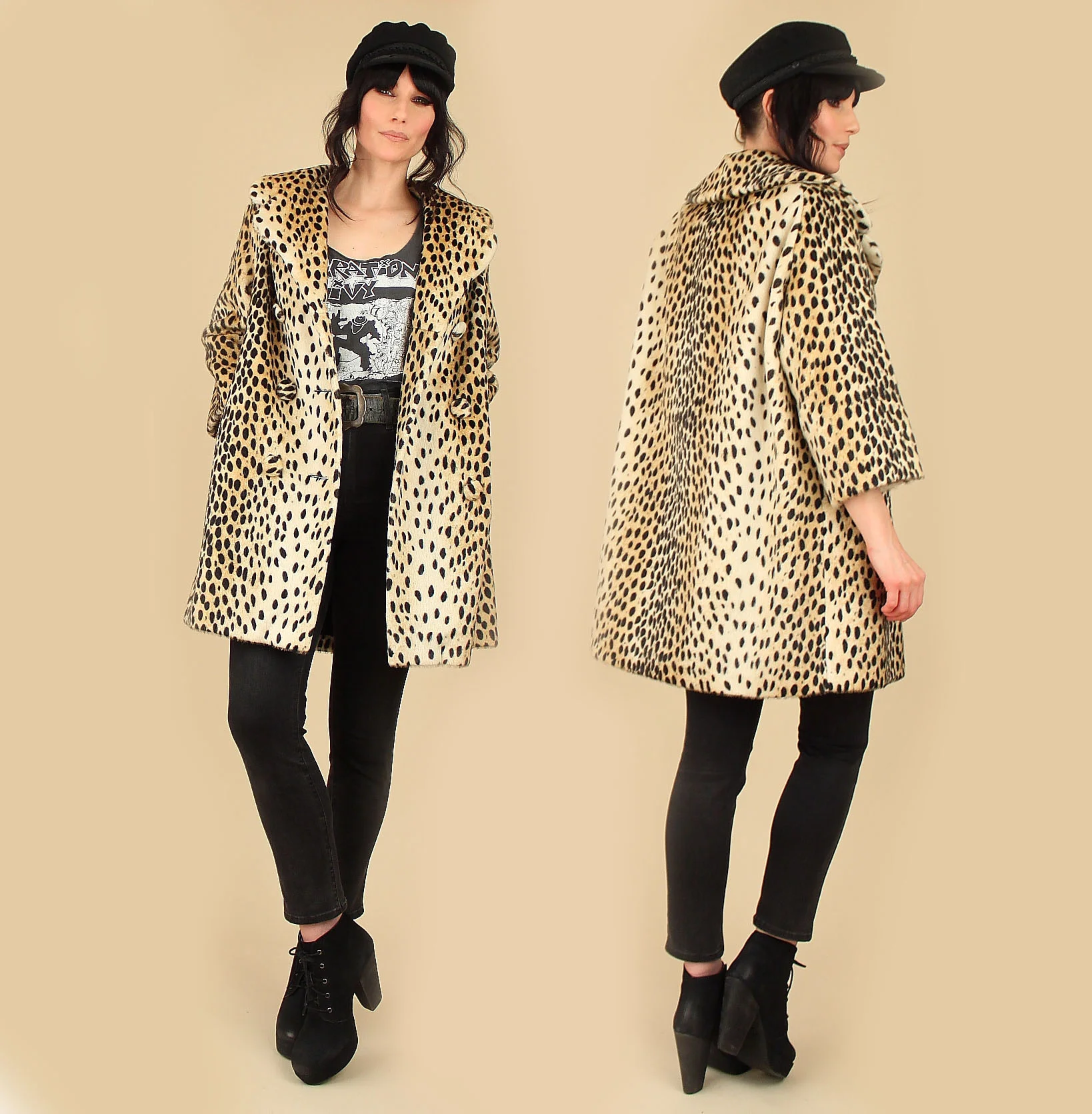 vintage vintage 60s faux fur leopard swing coat jacket punk rock girl rocker style 1960s 90s grunge fashion womens clothing clothes hellhoundvintage hellhound vintage true authentic